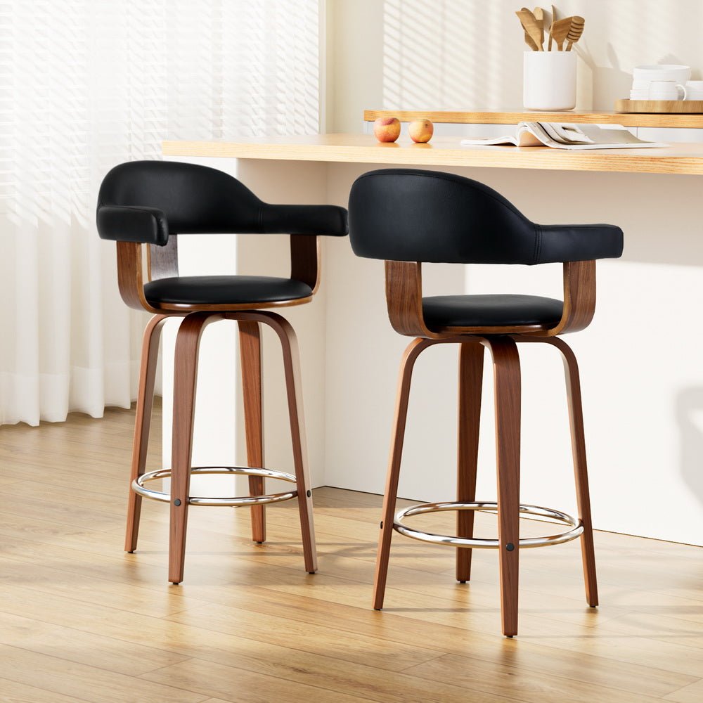 2 x PU Leather Wooden Swivel Bar Stools - Rivercity House & Home Co. (ABN 18 642 972 209) - Affordable Modern Furniture Australia