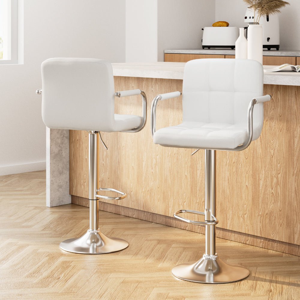 2x Bar Stools Gas lift Swivel Chairs Kitchen Armrest Leather Chrome White - Rivercity House & Home Co. (ABN 18 642 972 209) - Affordable Modern Furniture Australia