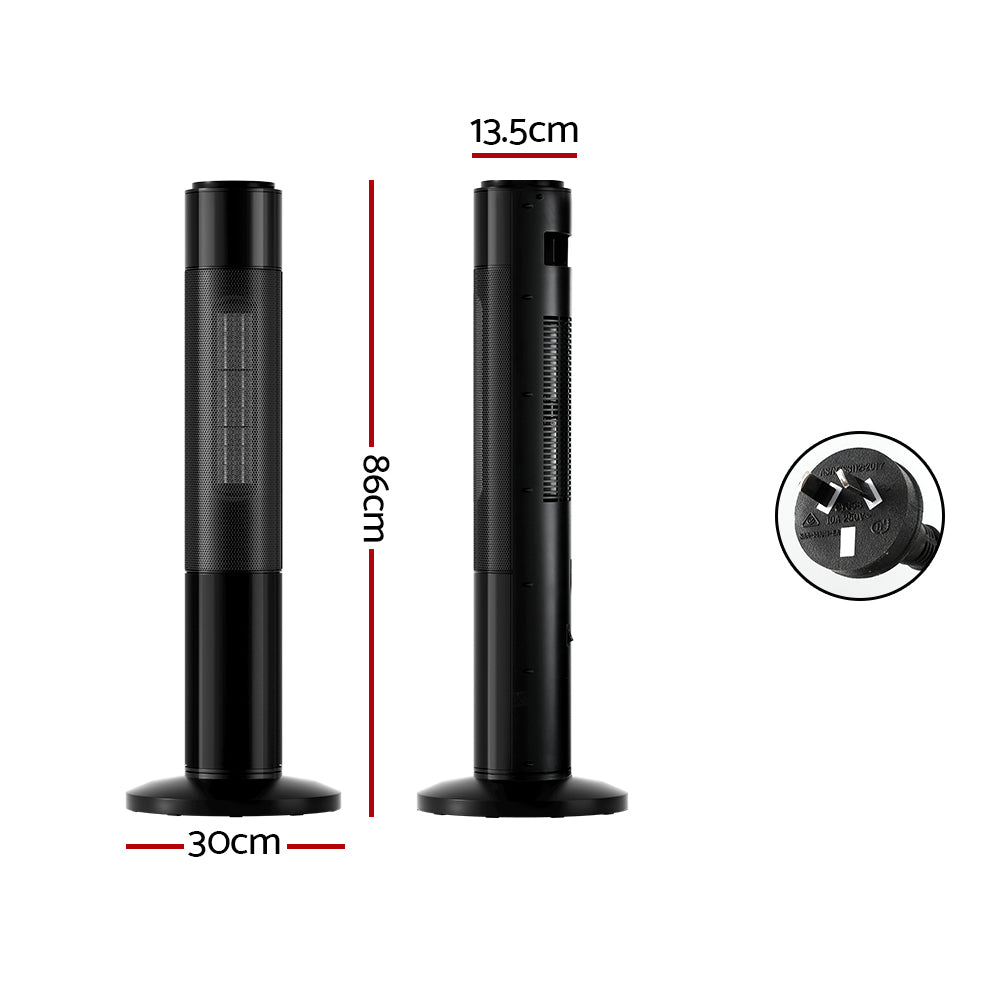 Electric Ceramic Tower Heater 2000W 3D Flame Oscillating Remote Control - Black