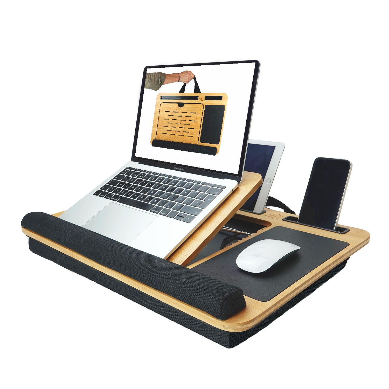 Adjustable Bamboo Laptop Lap Desk with Cushion and Handles for Office and Home - Natural - Electronics > Computer Accessories > Laptop Stands - Rivercity House & Home Co. (ABN 18 642 972 209) - Affordable Modern Furniture Australia