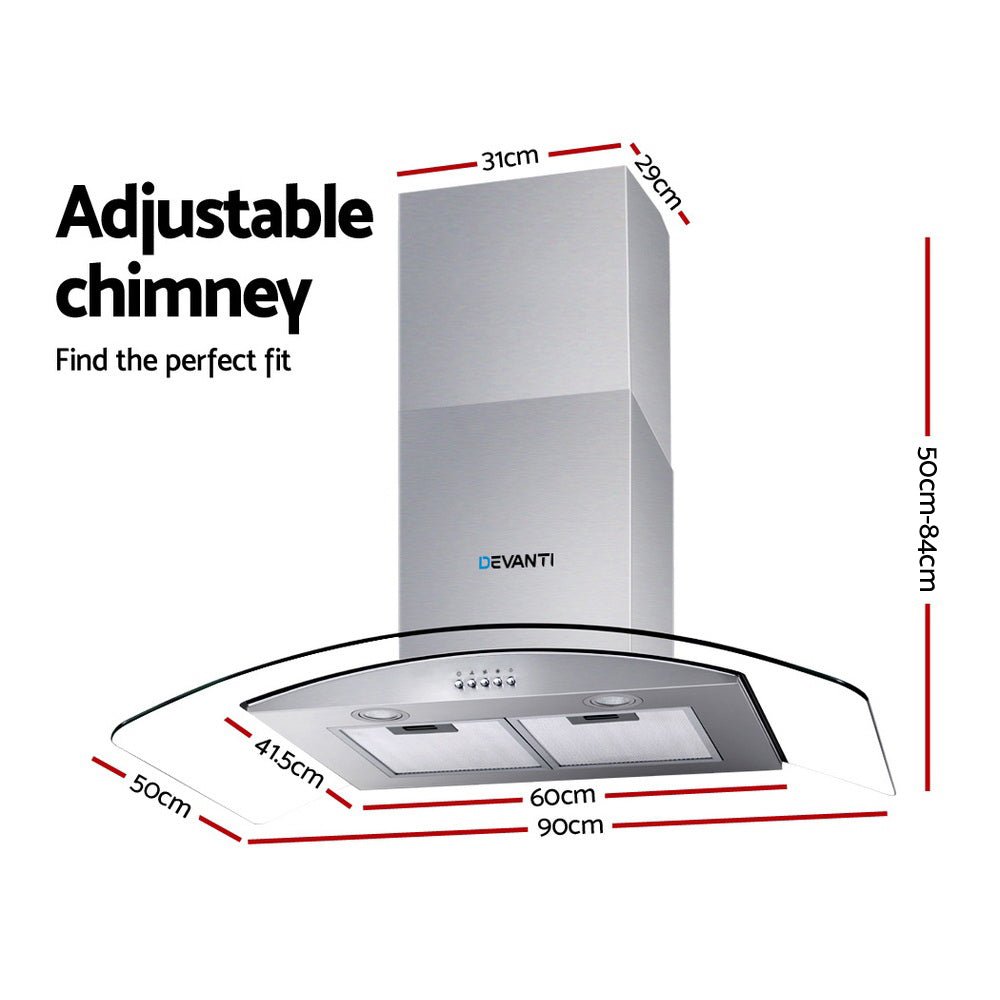 Devanti Range Hood 900mm Rangehood Kitchen Stainless Glass Canopy 90cm - Rivercity House & Home Co. (ABN 18 642 972 209) - Affordable Modern Furniture Australia