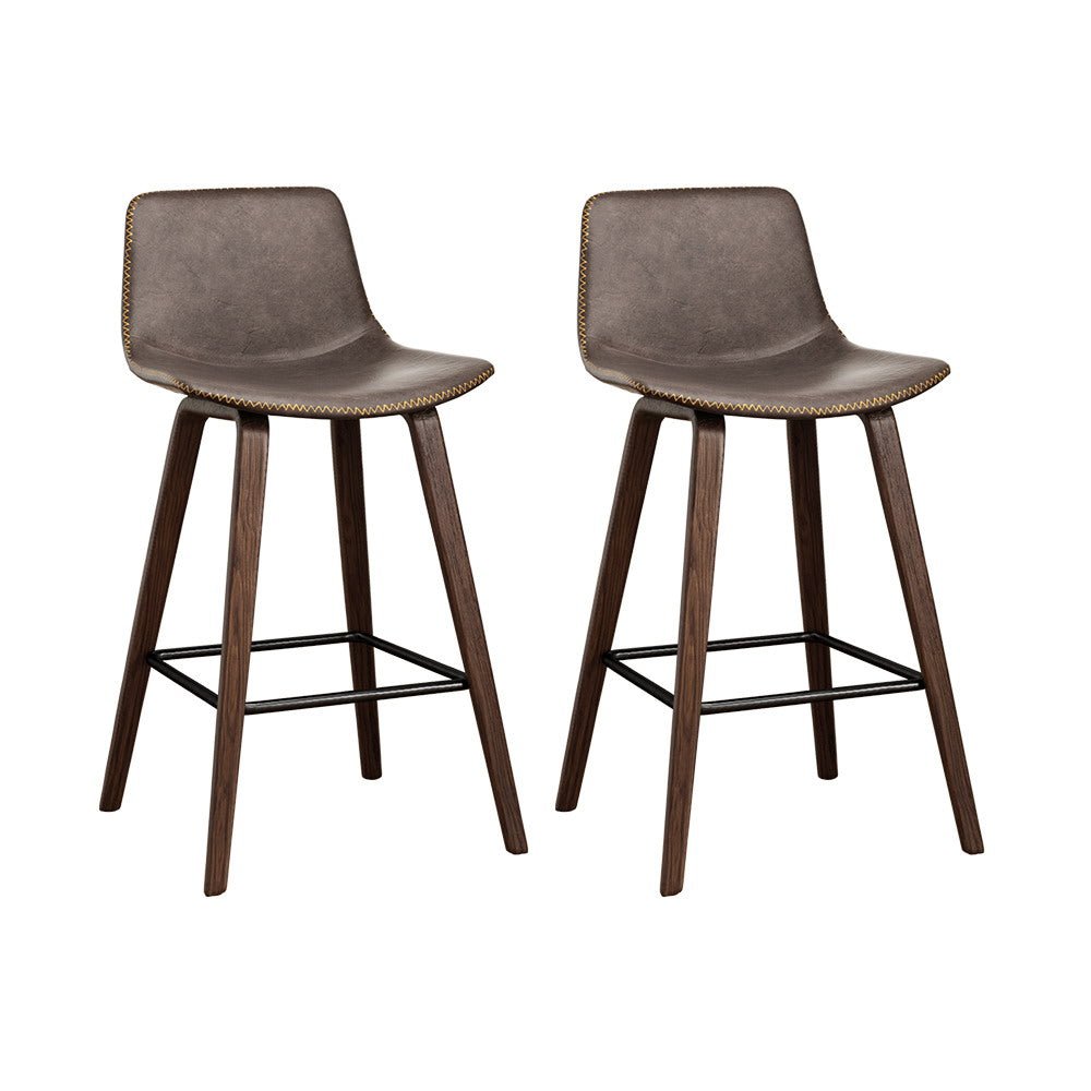 Set of 2 PU Leather Bar Stools Square Footrest - Wood and Brown - Rivercity House & Home Co. (ABN 18 642 972 209) - Affordable Modern Furniture Australia