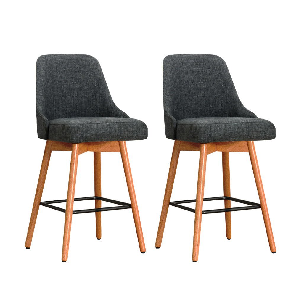 Set of 2 Wooden Fabric Bar Stools Square Footrest - Charcoal - Rivercity House & Home Co. (ABN 18 642 972 209) - Affordable Modern Furniture Australia