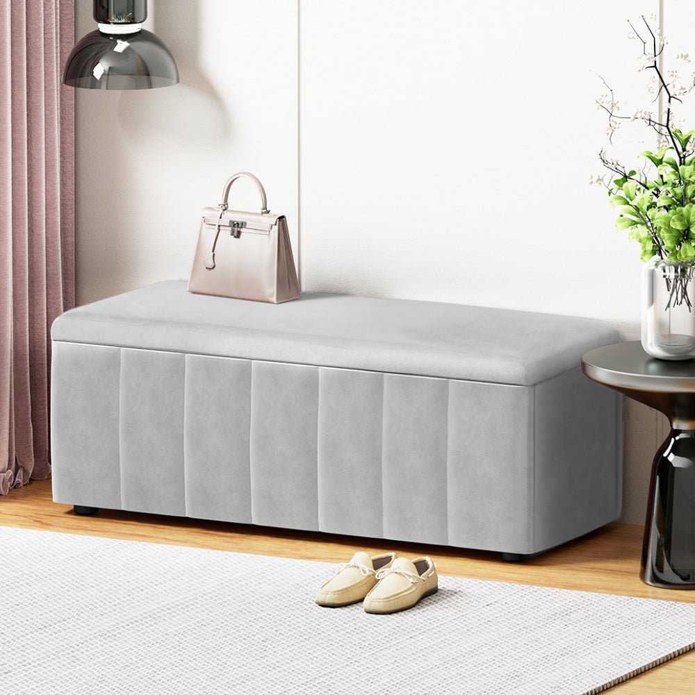 Storage Ottoman Blanket Box Velvet Grey 103cm - Furniture > Living Room > Ottomans & Footstools - Rivercity House & Home Co. (ABN 18 642 972 209) - Affordable Modern Furniture Australia