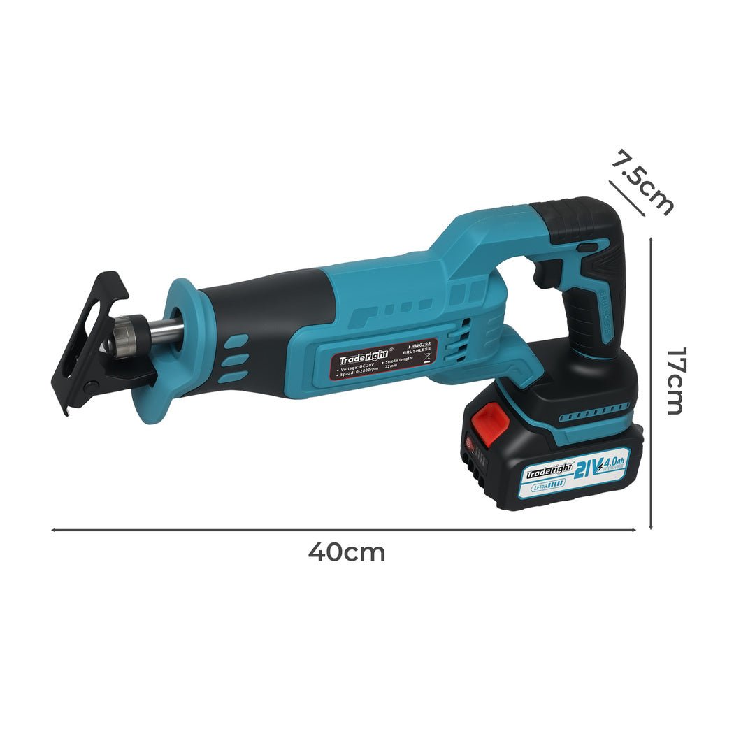 Traderight 21V Brushless Cordless Reciprocating Saw Kit with Batteries and Blades - Blue - Rivercity House & Home Co. (ABN 18 642 972 209) - Affordable Modern Furniture Australia