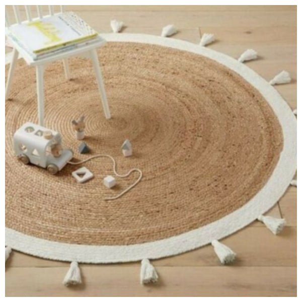 Bohemian Cream & Natural Braided Jute Cotton Round Rug with Tassel 120 x 120 cm - Home & Garden > Rugs - Rivercity House & Home Co. (ABN 18 642 972 209) - Affordable Modern Furniture Australia