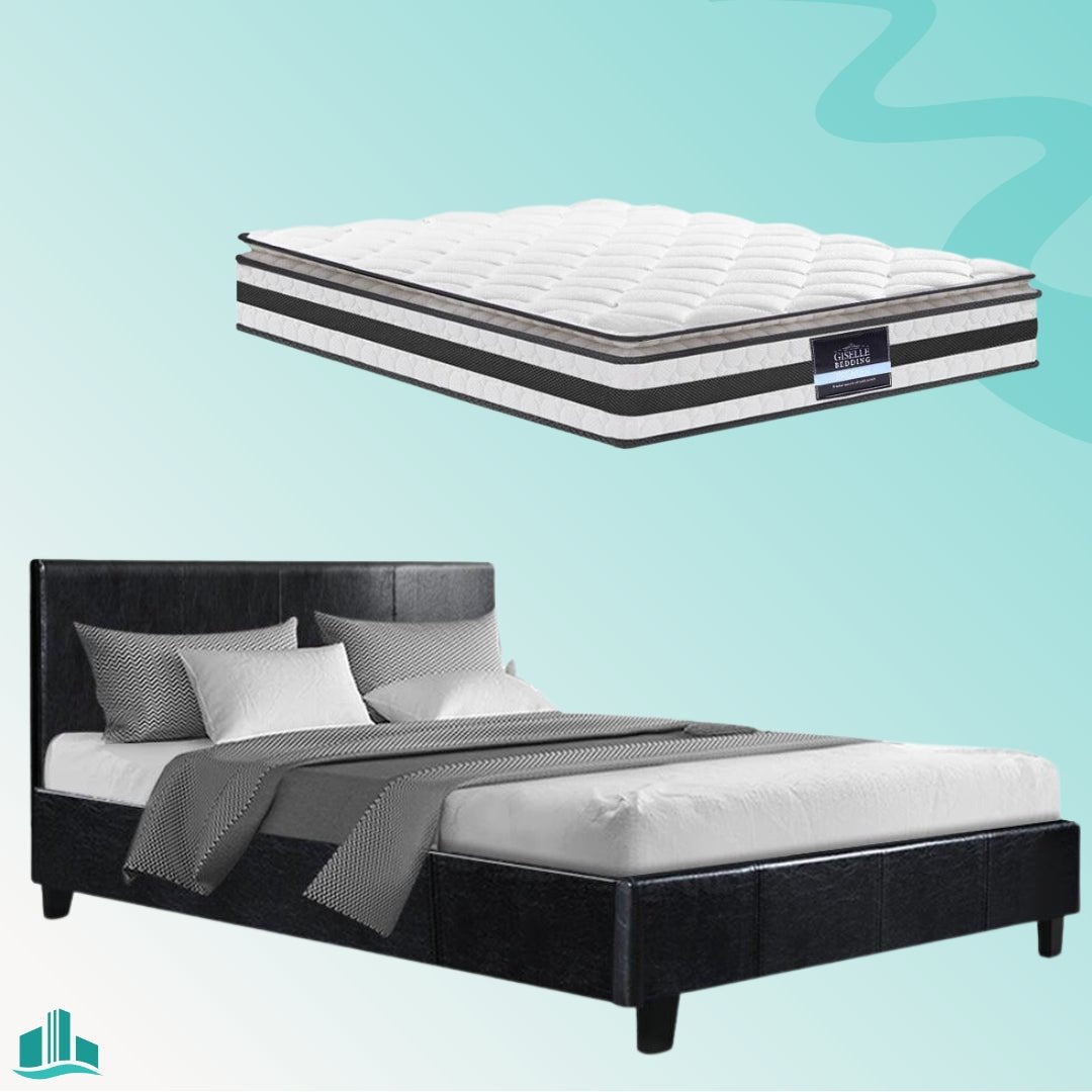 Double Package | Coogee Bed Black & Normay Series Pillow Top Mattress (Medium Firm) - Furniture > Bedroom - Rivercity House & Home Co. (ABN 18 642 972 209) - Affordable Modern Furniture Australia