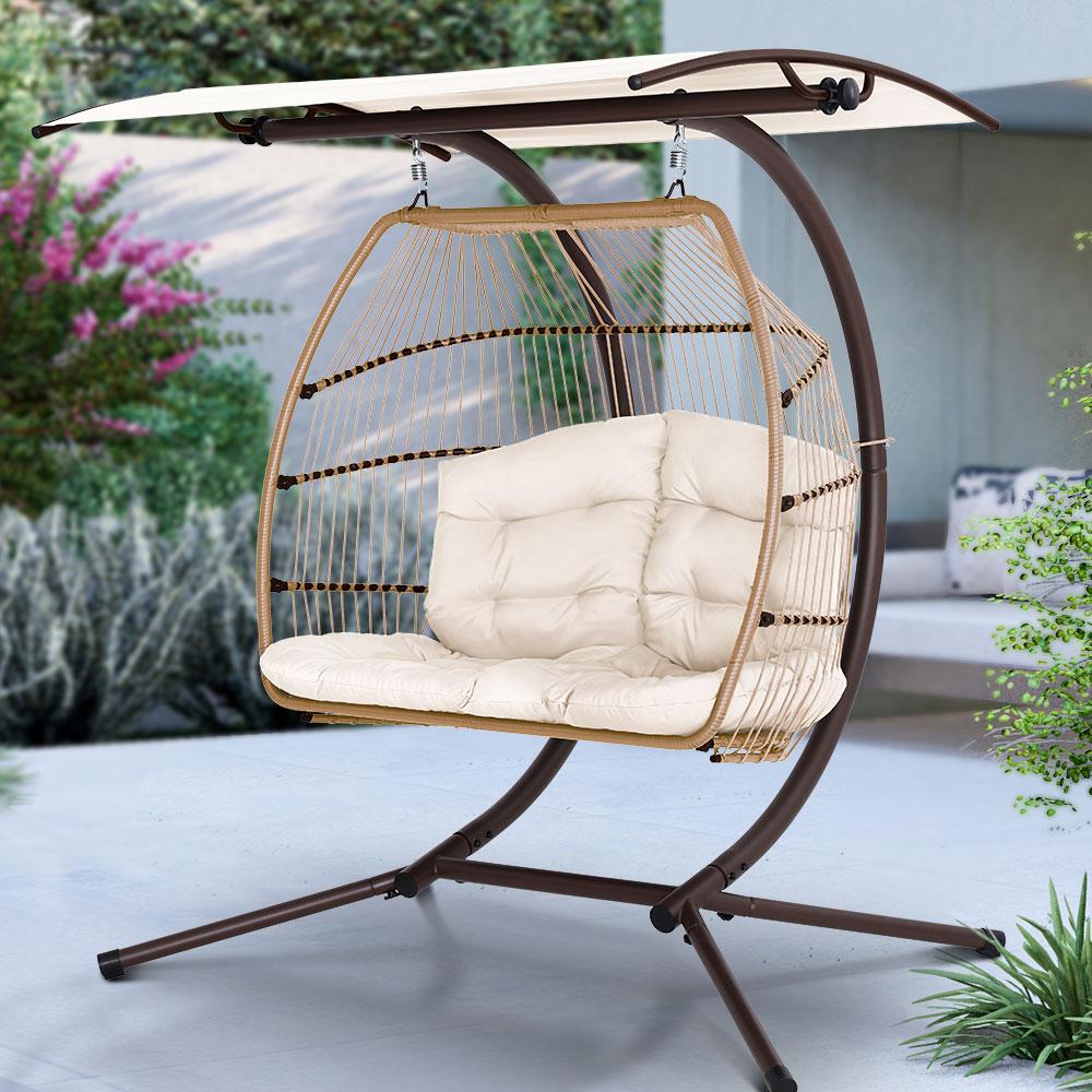 Hanging Egg Swing Chair with Canopy - Latte - Rivercity House & Home Co. (ABN 18 642 972 209) - Affordable Modern Furniture Australia