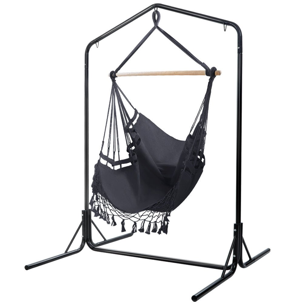 Outdoor Hammock Chair with Stand Tassel Hanging Rope Hammocks Grey - Furniture > Outdoor - Rivercity House & Home Co. (ABN 18 642 972 209) - Affordable Modern Furniture Australia
