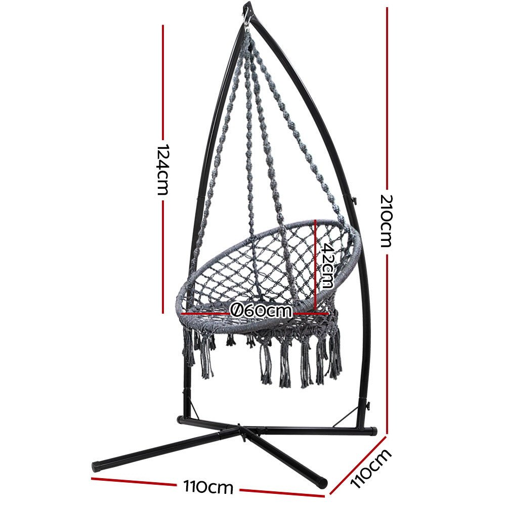 Outdoor Hammock Chair with Steel Stand Cotton Swing Hanging 124CM Grey - Furniture > Outdoor - Rivercity House & Home Co. (ABN 18 642 972 209) - Affordable Modern Furniture Australia