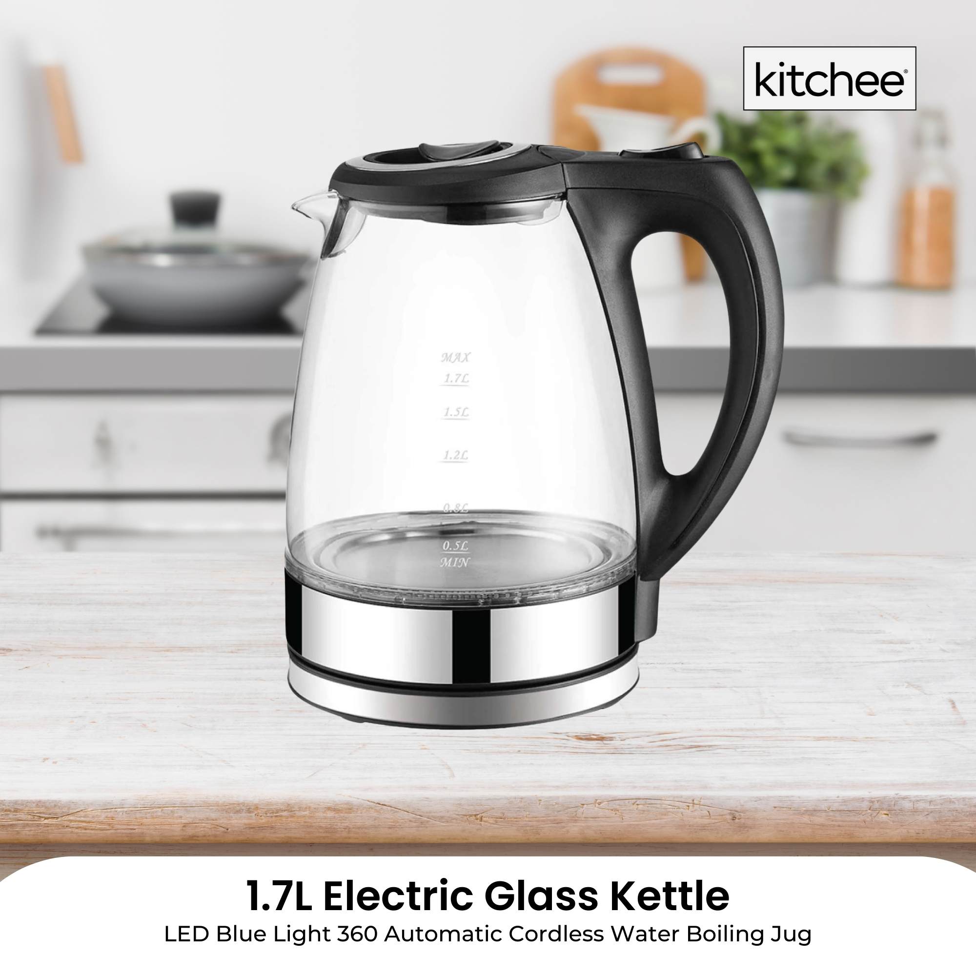 1.7L Electric Glass Kettle LED Blue Light 360 Automatic Cordless Water Boiling Jug - Appliances > Kitchen Appliances > Kettles - Rivercity House & Home Co. (ABN 18 642 972 209) - Affordable Modern Furniture Australia
