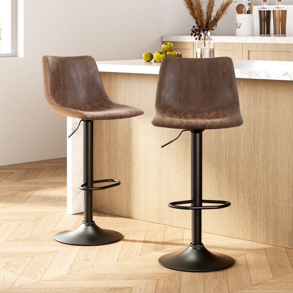 2 x Bar Stools Gas Lift PU Leather - Brown - Rivercity House & Home Co. (ABN 18 642 972 209) - Affordable Modern Furniture Australia