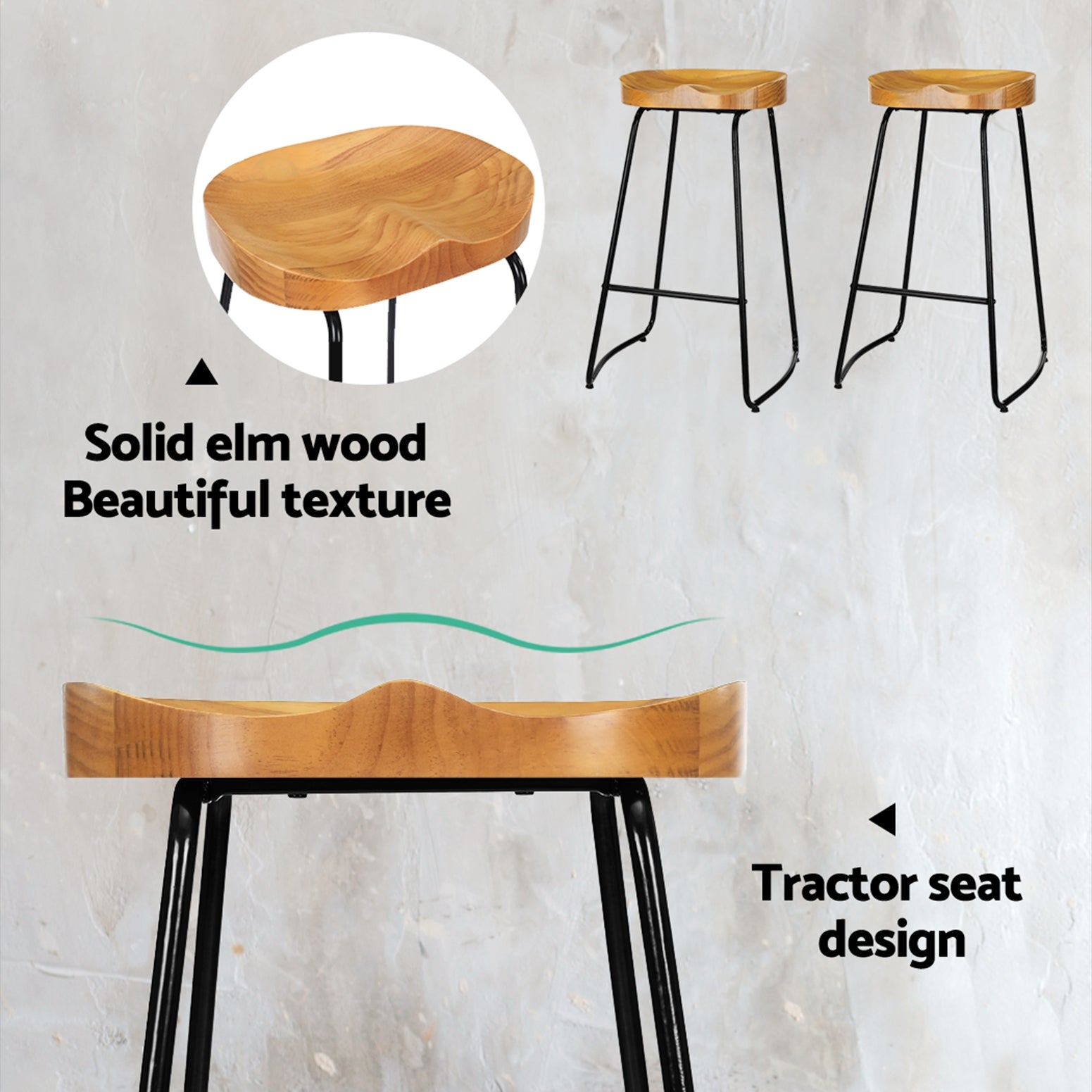 2 x Elm Wood Backless Bar Stools 75cm - Black and Light Natural - Rivercity House & Home Co. (ABN 18 642 972 209) - Affordable Modern Furniture Australia