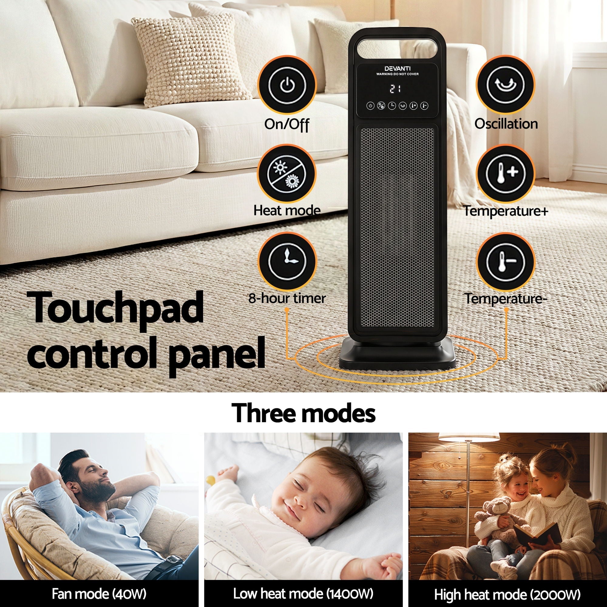 2000W Ceramic Tower Heater Space Heaters Indoor Oscillating Black - Appliances > Heaters > Electric Heaters - Rivercity House & Home Co. (ABN 18 642 972 209) - Affordable Modern Furniture Australia