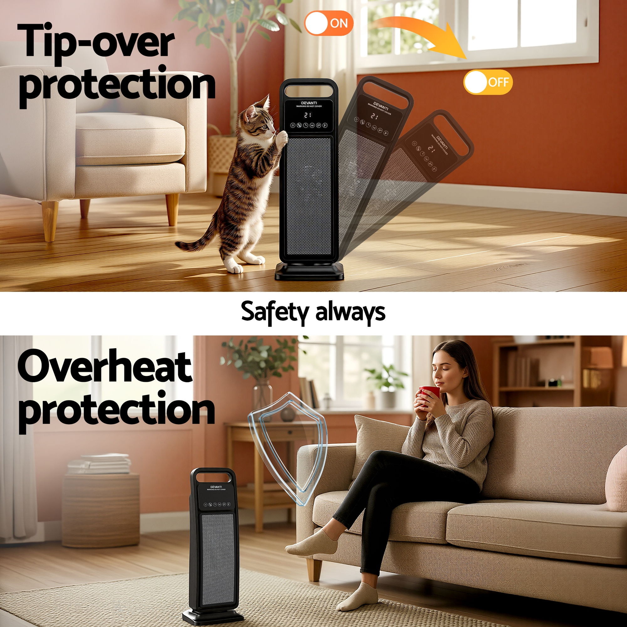 2000W Ceramic Tower Heater Space Heaters Indoor Oscillating Black - Appliances > Heaters > Electric Heaters - Rivercity House & Home Co. (ABN 18 642 972 209) - Affordable Modern Furniture Australia