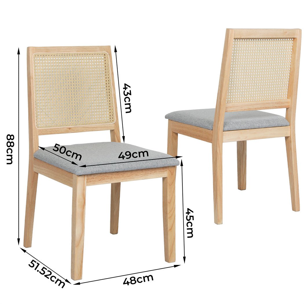 2x Solid Wood Rattan Dining Chairs with Upholstered Seat - Natural Grey - Rivercity House & Home Co. (ABN 18 642 972 209) - Affordable Modern Furniture Australia