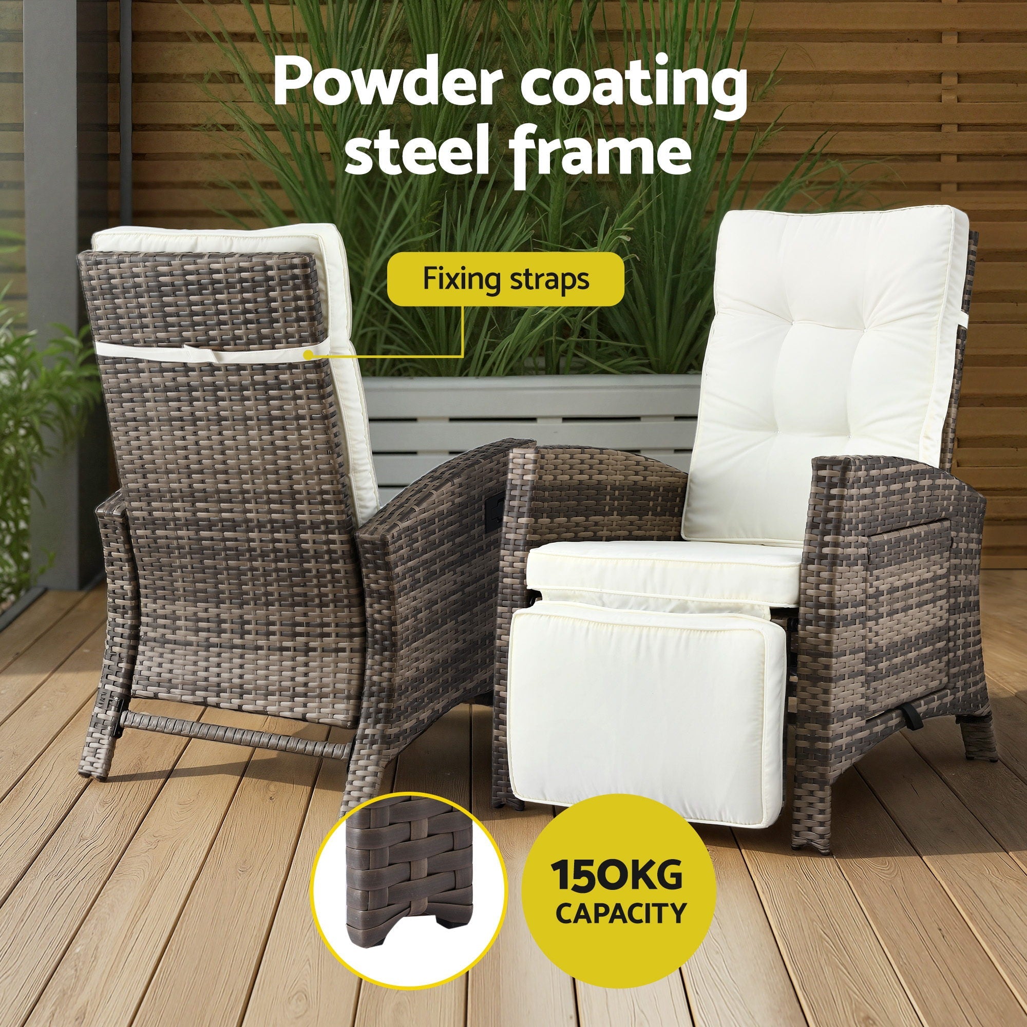 3PC Outdoor Bistro Set Recliner Chairs Table Sun lounge Patio Furniture Wicker Adjustable - Furniture > Outdoor > Outdoor Chairs - Rivercity House & Home Co. (ABN 18 642 972 209) - Affordable Modern Furniture Australia