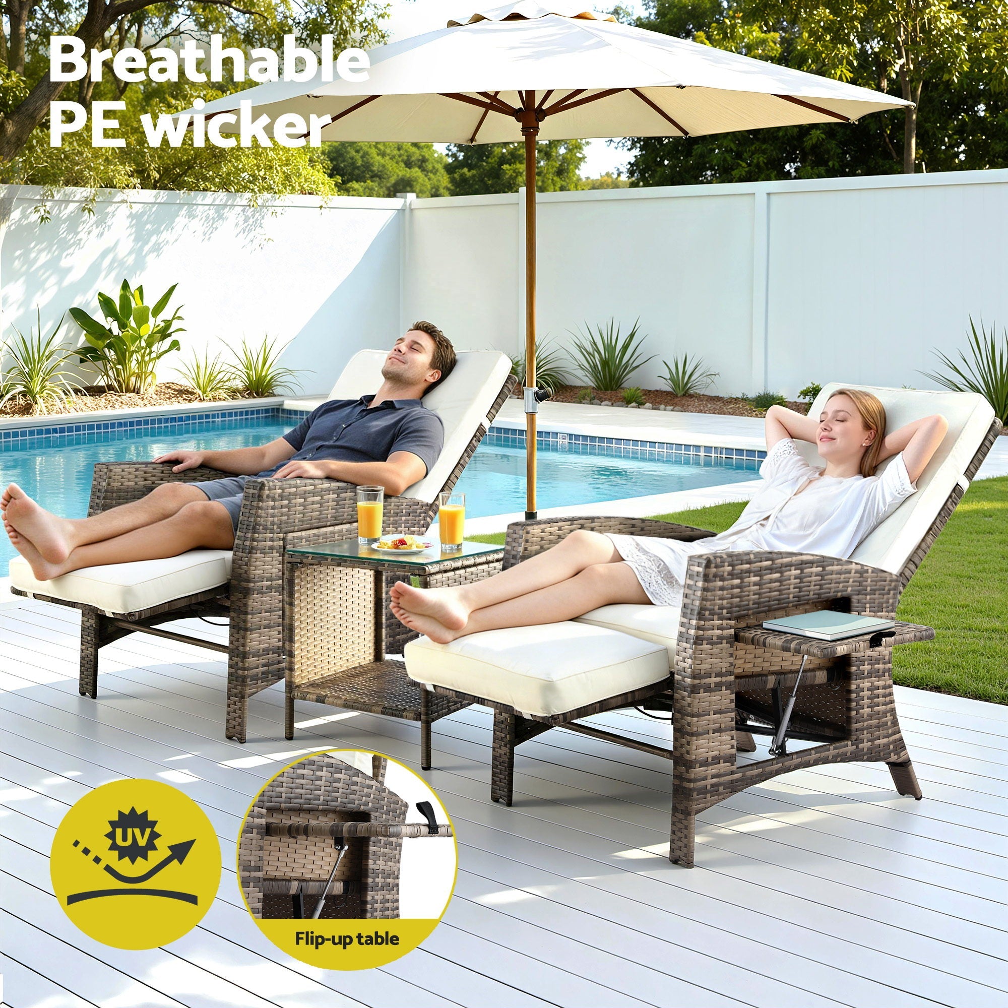 3PC Outdoor Bistro Set Recliner Chairs Table Sun lounge Patio Furniture Wicker Adjustable - Furniture > Outdoor > Outdoor Chairs - Rivercity House & Home Co. (ABN 18 642 972 209) - Affordable Modern Furniture Australia