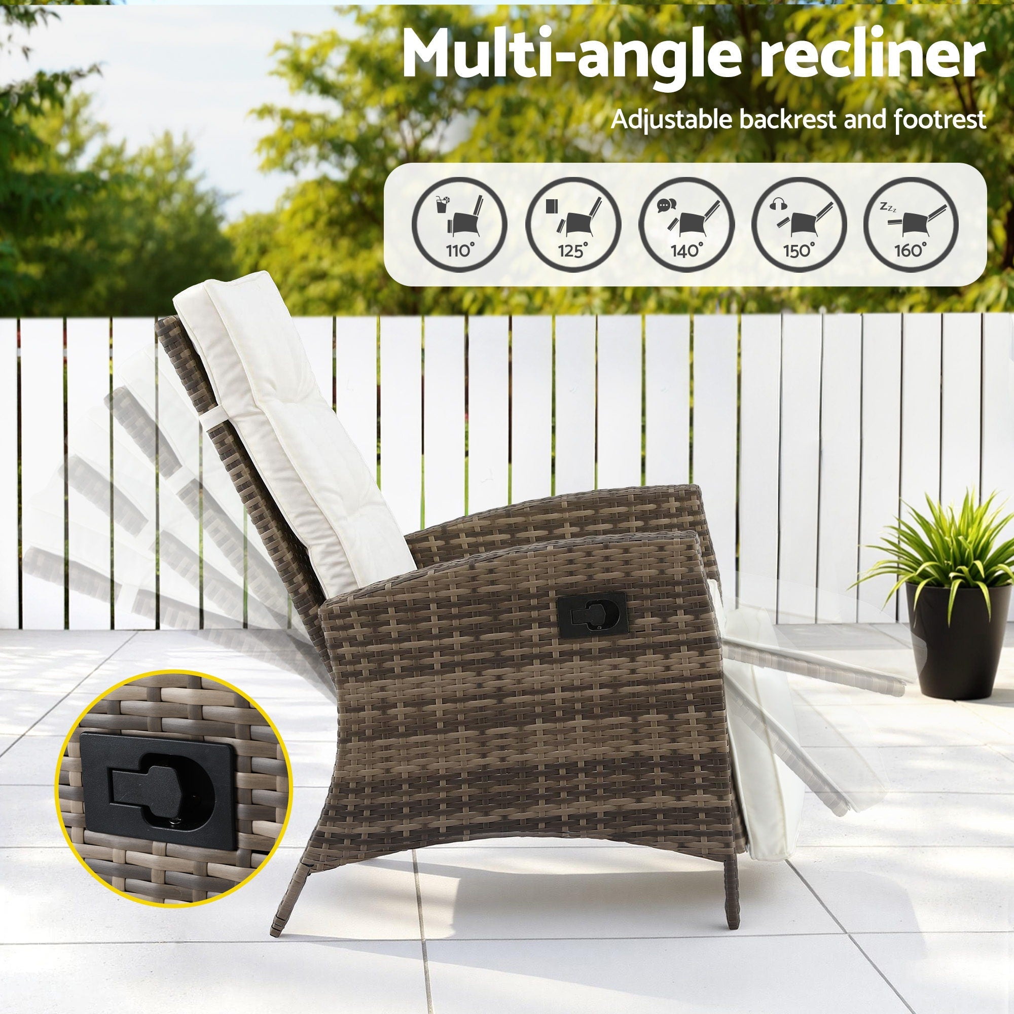 3PC Outdoor Bistro Set Recliner Chairs Table Sun lounge Patio Furniture Wicker Adjustable - Furniture > Outdoor > Outdoor Chairs - Rivercity House & Home Co. (ABN 18 642 972 209) - Affordable Modern Furniture Australia