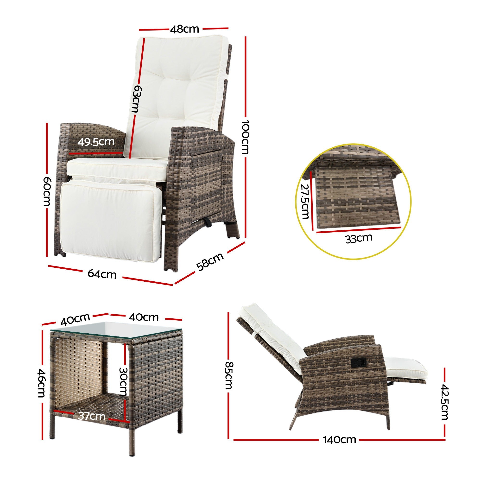 3PC Outdoor Bistro Set Recliner Chairs Table Sun lounge Patio Furniture Wicker Adjustable - Furniture > Outdoor > Outdoor Chairs - Rivercity House & Home Co. (ABN 18 642 972 209) - Affordable Modern Furniture Australia