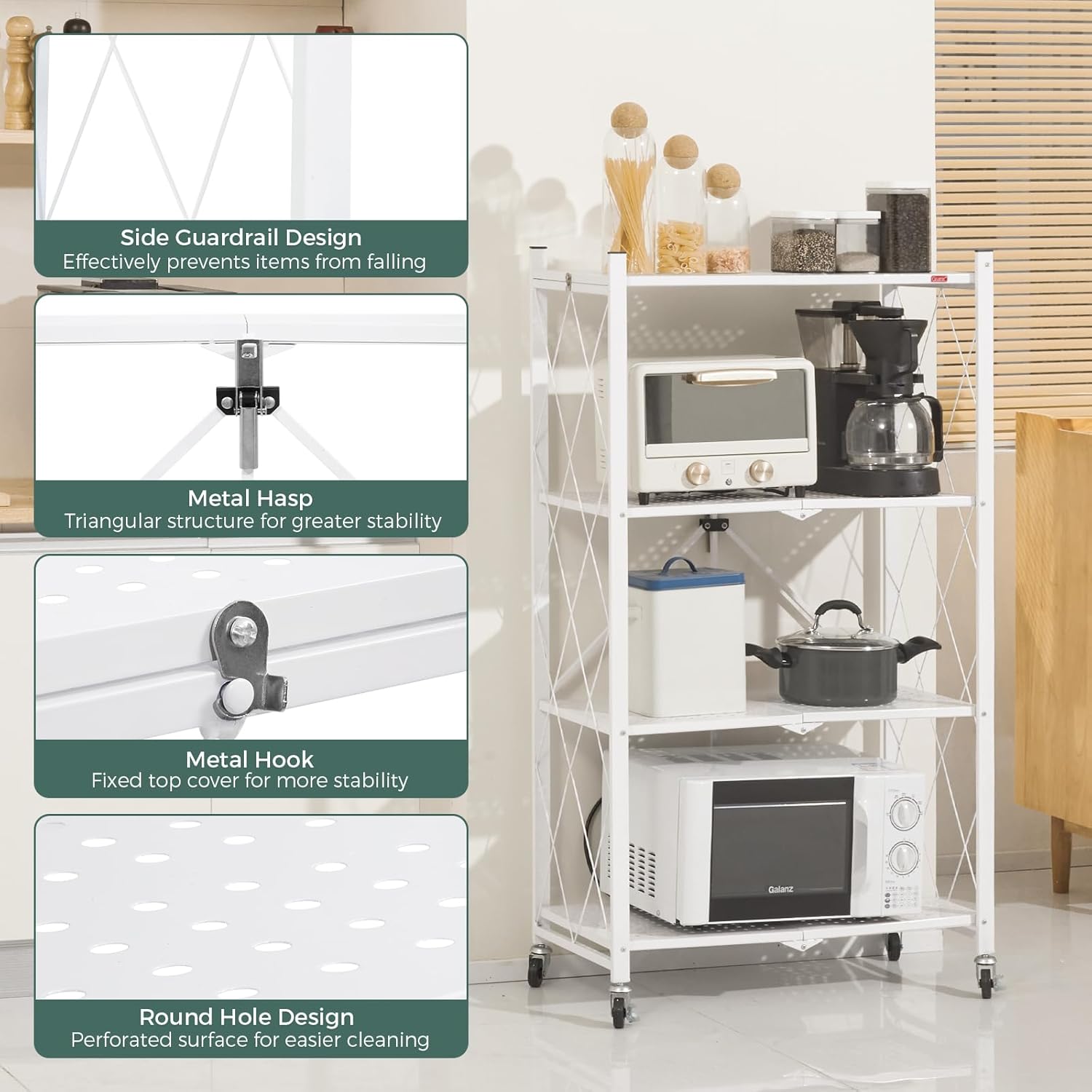 4 - Tier Foldable Storage Shelf with Wheels for Kitchen, Garage, Pantry or Basement (White) - Furniture > Dining > Kitchen & Dining Trolleys - Rivercity House & Home Co. (ABN 18 642 972 209) - Affordable Modern Furniture Australia