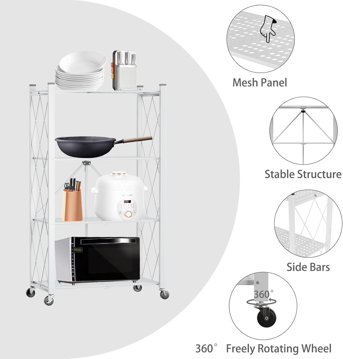 4 - Tier Foldable Storage Shelf with Wheels for Kitchen, Garage, Pantry or Basement (White) - Furniture > Dining > Kitchen & Dining Trolleys - Rivercity House & Home Co. (ABN 18 642 972 209) - Affordable Modern Furniture Australia