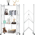 4-Tier Foldable Storage Shelf with Lockable Wheels for Kitchen, Garage, Pantry or Basement - White