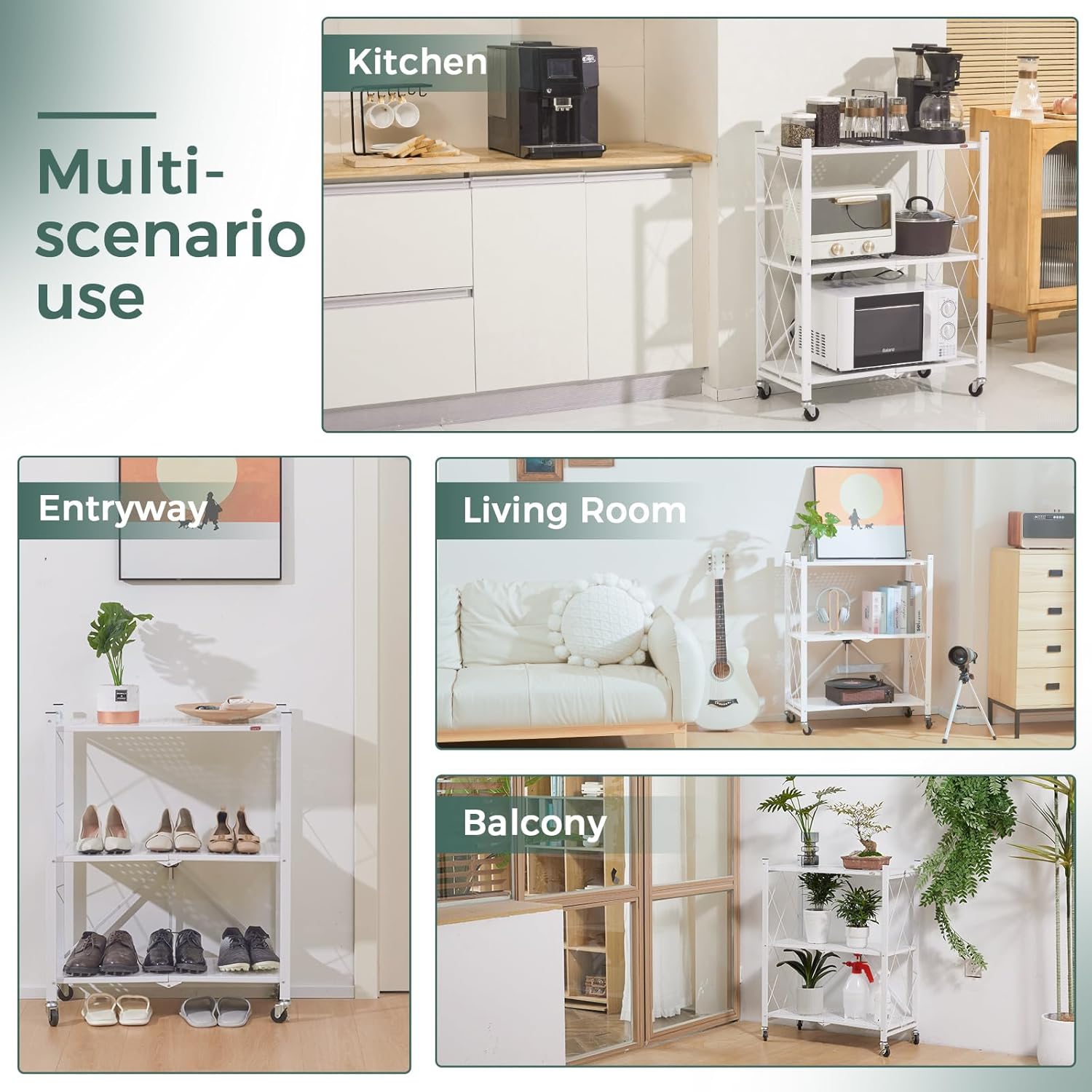 4 - Tier Foldable Storage Shelf with Wheels for Kitchen, Garage, Pantry or Basement (White) - Furniture > Dining > Kitchen & Dining Trolleys - Rivercity House & Home Co. (ABN 18 642 972 209) - Affordable Modern Furniture Australia