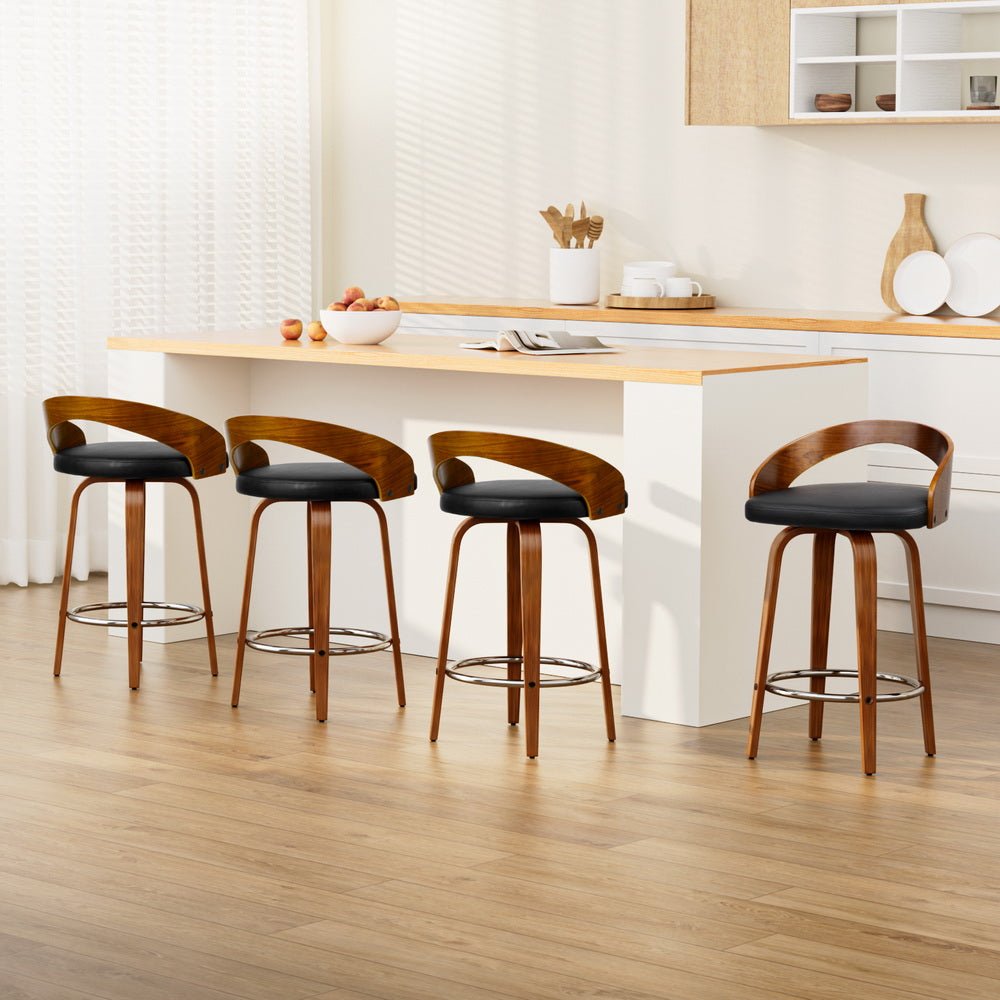 4 x Premium Wooden Bar Stools Walnut Wood & Black - Rivercity House & Home Co. (ABN 18 642 972 209) - Affordable Modern Furniture Australia