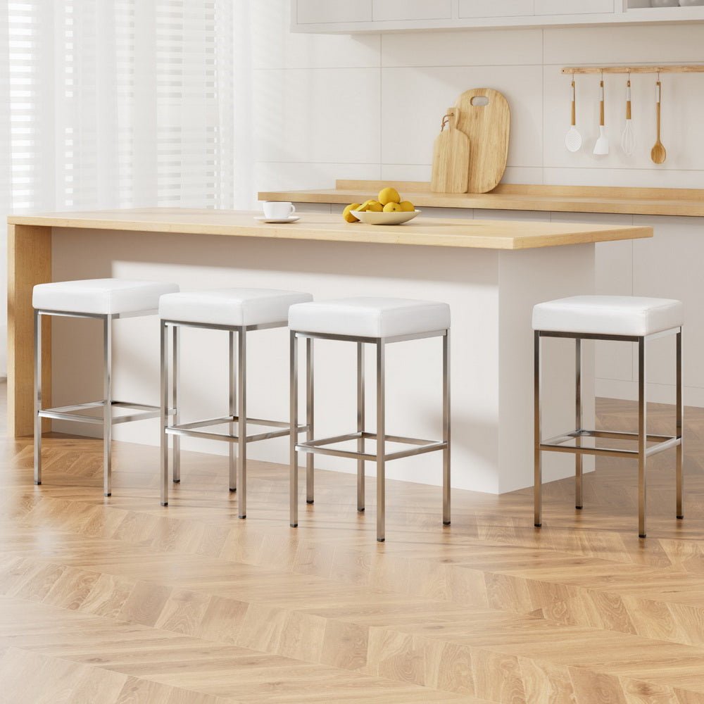 4x Bar Stools Leather Padded Metal White - Furniture > Bar Stools & Chairs > Table & Bar Stools - Rivercity House & Home Co. (ABN 18 642 972 209) - Affordable Modern Furniture Australia