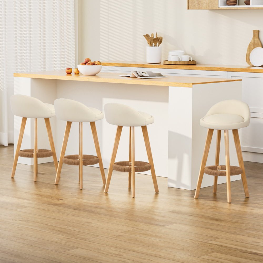4x Bar Stools Padded Leather Wooden Beige - Furniture > Bar Stools & Chairs > Table & Bar Stools - Rivercity House & Home Co. (ABN 18 642 972 209) - Affordable Modern Furniture Australia