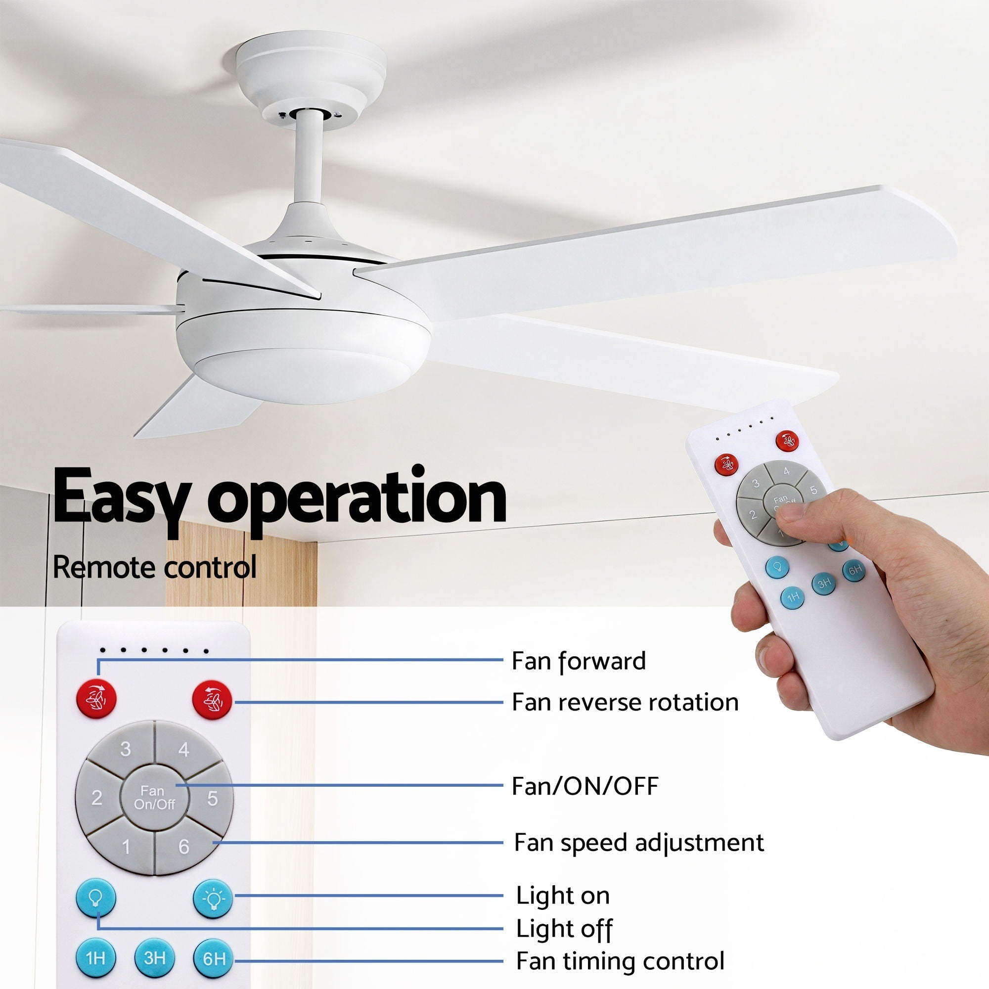 52'' Ceiling Fan 5 Blades DC Motor w/Light w/Remote White - Appliances > Fans > Ceiling Fans - Rivercity House & Home Co. (ABN 18 642 972 209) - Affordable Modern Furniture Australia