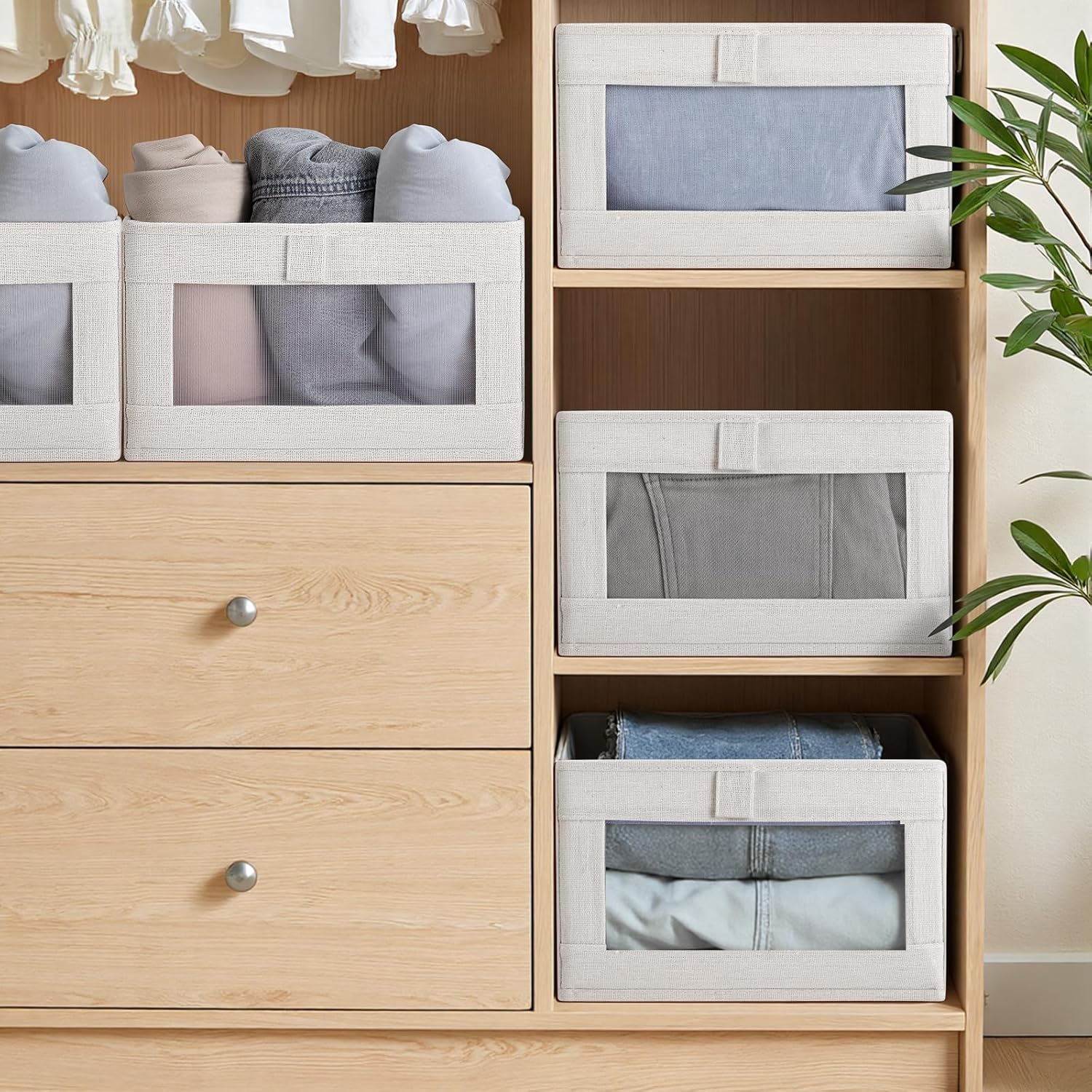 6 Pack Closet Storage Bins with Clear Window for Shelves, Wardrobe & Bedroom Organization - Natural Linen - Home & Garden > Storage > Clothing & Wardrobe Storage - Rivercity House & Home Co. (ABN 18 642 972 209) - Affordable Modern Furniture Australia