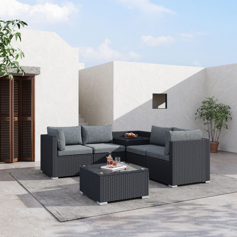 6 Piece Outdoor Modular Lounge Sofa - Black - Furniture > Outdoor - Rivercity House & Home Co. (ABN 18 642 972 209) - Affordable Modern Furniture Australia