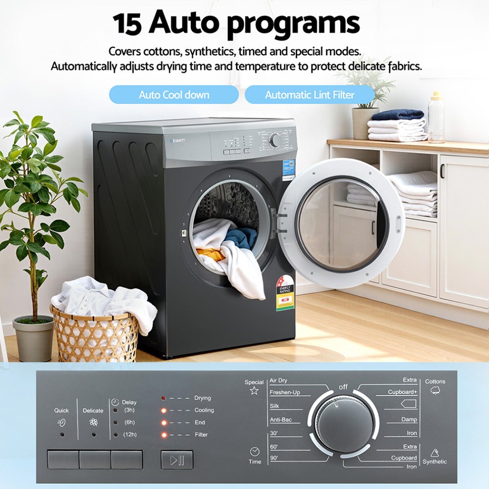 7kg Tumble Dryer Vented 15 Auto Programs - Grey - Appliances > Washers, Dryers & Irons > Dryers - Rivercity House & Home Co. (ABN 18 642 972 209) - Affordable Modern Furniture Australia