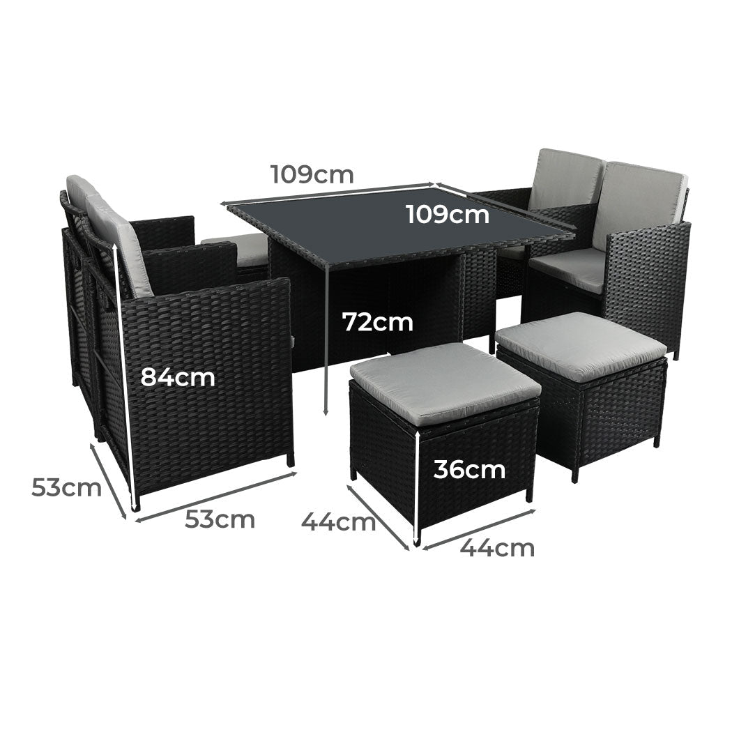 9PCS Outdoor Table, Chairs & Ottomans Set with Cushions - Black - Rivercity House & Home Co. (ABN 18 642 972 209) - Affordable Modern Furniture Australia