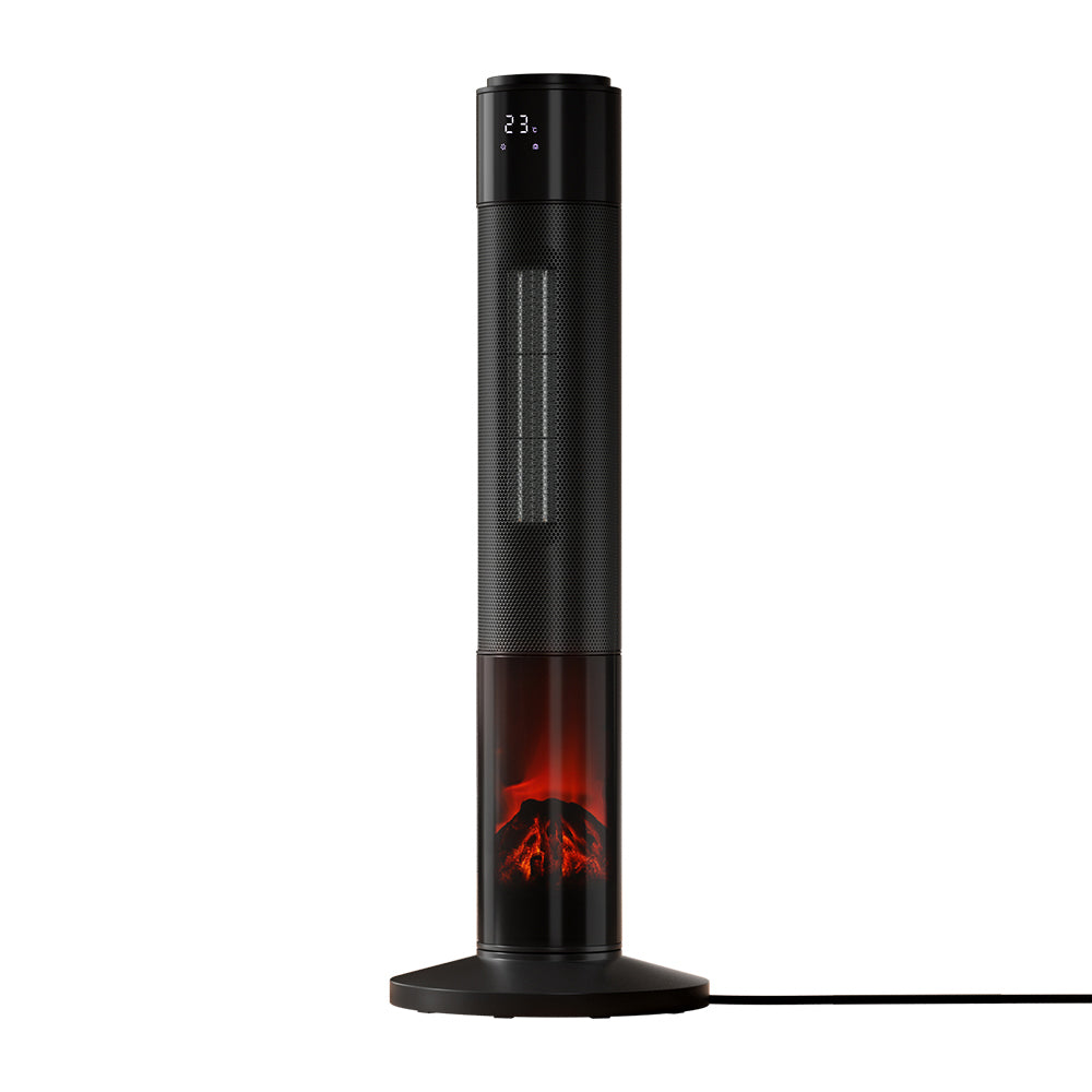 Electric Ceramic Tower Heater 2000W 3D Flame Oscillating Remote Control - Black