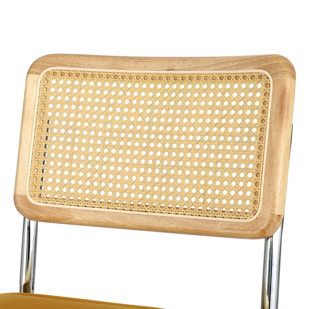 Set of 2 Cantilevered Rattan Dining Chairs - Yellow Velvet Seat