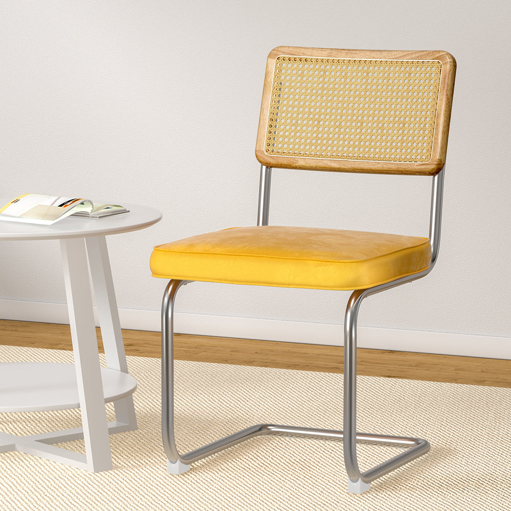 Set of 2 Cantilevered Rattan Dining Chairs - Yellow Velvet Seat