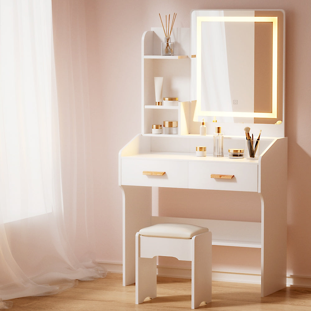 Doris LED Dressing Table Makeup Mirror with Stool Set White