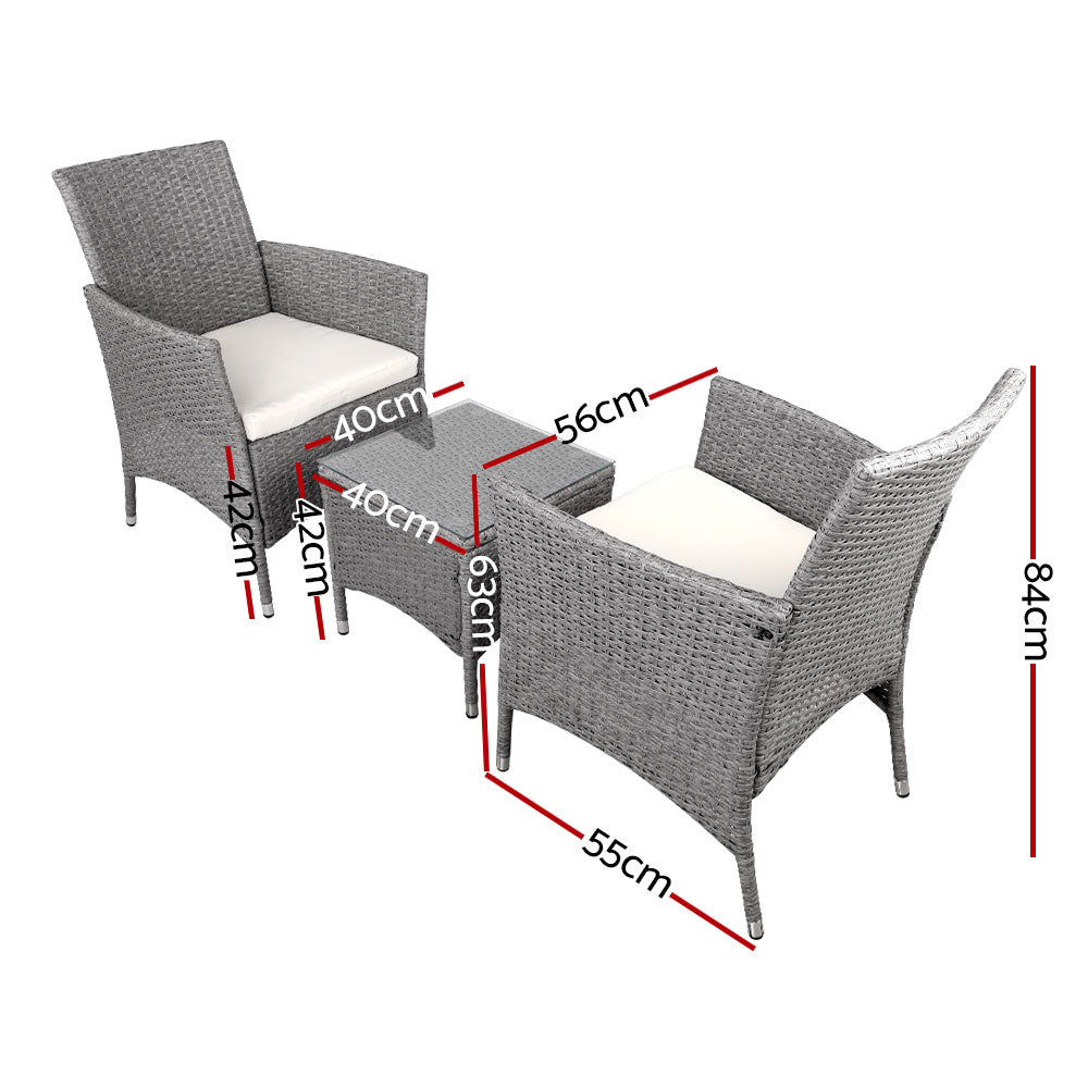 3 Piece Grey Wicker Outdoor Furniture Set