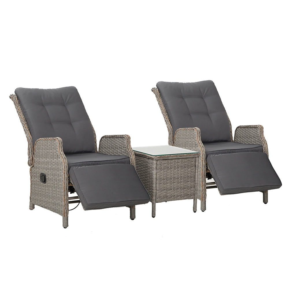 3 Piece Elizabeth Wicker Recliner Chairs with Table (Grey)