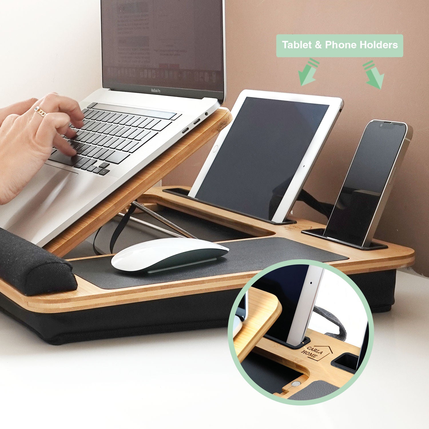 Adjustable Bamboo Laptop Lap Desk with Cushion and Handles for Office and Home - Natural - Electronics > Computer Accessories > Laptop Stands - Rivercity House & Home Co. (ABN 18 642 972 209) - Affordable Modern Furniture Australia