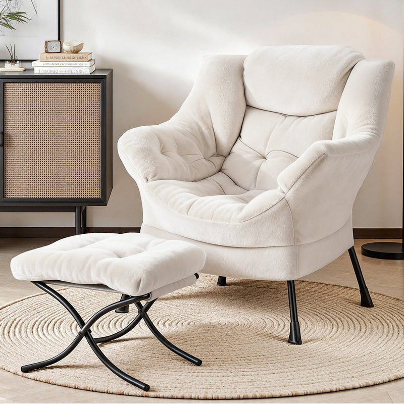 Armchair Accent Chair Ottoman Lounge Footrest Velvet White - Furniture > Bar Stools & Chairs > Arm Chairs & Recliners - Rivercity House & Home Co. (ABN 18 642 972 209) - Affordable Modern Furniture Australia
