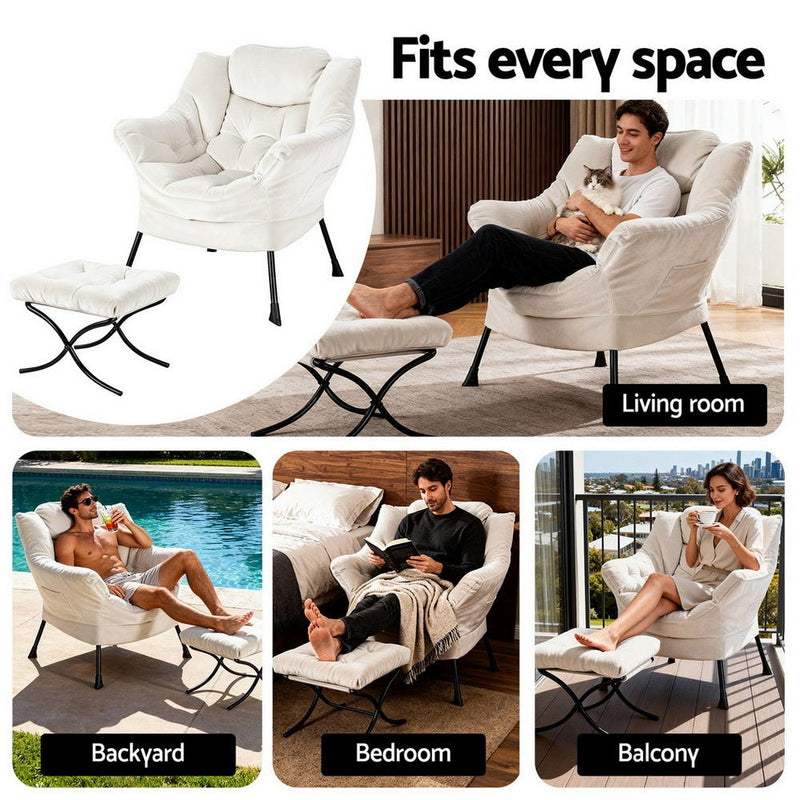 Armchair Accent Chair Ottoman Lounge Footrest Velvet White - Furniture > Bar Stools & Chairs > Arm Chairs & Recliners - Rivercity House & Home Co. (ABN 18 642 972 209) - Affordable Modern Furniture Australia