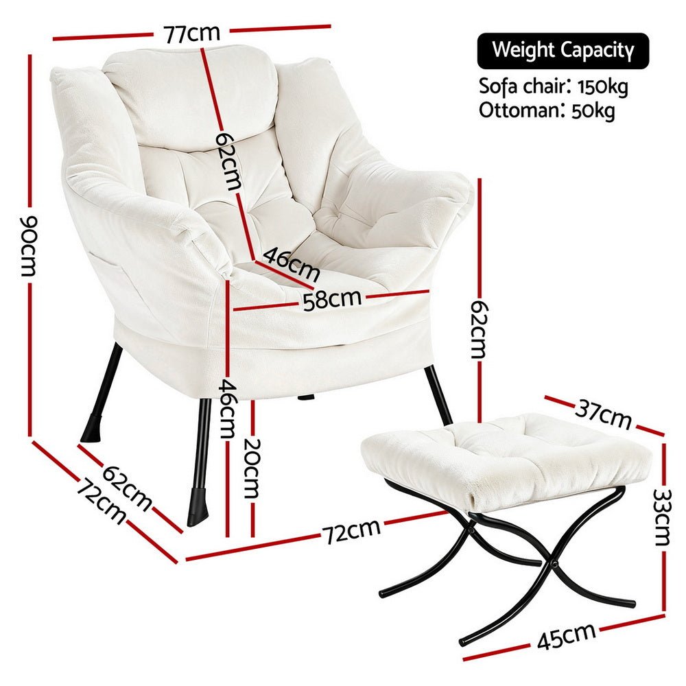Armchair Accent Chair Ottoman Lounge Footrest Velvet White - Furniture > Bar Stools & Chairs > Arm Chairs & Recliners - Rivercity House & Home Co. (ABN 18 642 972 209) - Affordable Modern Furniture Australia
