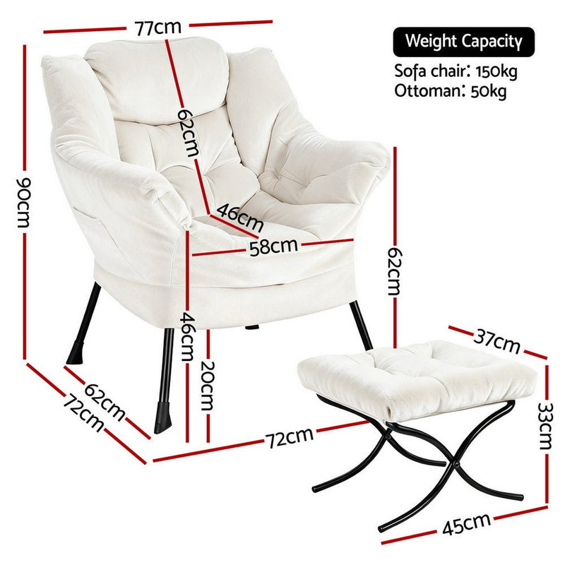 Armchair Accent Chair Ottoman Lounge Footrest Velvet White - Furniture > Bar Stools & Chairs > Arm Chairs & Recliners - Rivercity House & Home Co. (ABN 18 642 972 209) - Affordable Modern Furniture Australia