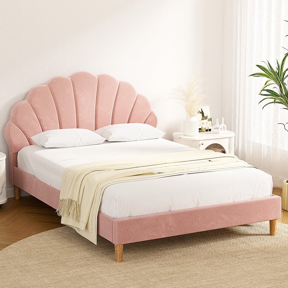 Bed Frame Double Size Scallop - Shape Bedhead Beds Base Pink Velvet Fabric - Furniture > Bedroom > Beds & Bed Frames - Rivercity House & Home Co. (ABN 18 642 972 209) - Affordable Modern Furniture Australia