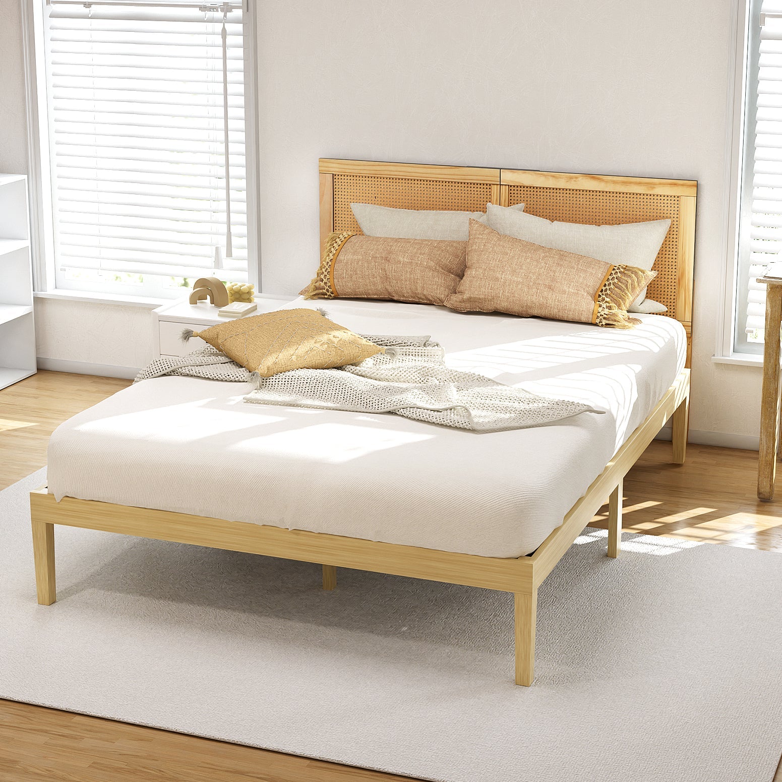 Bed Frame Double Size with Rattan Headboard Wooden Bed Base BRUNO - Furniture > Bedroom > Beds & Bed Frames - Rivercity House & Home Co. (ABN 18 642 972 209) - Affordable Modern Furniture Australia