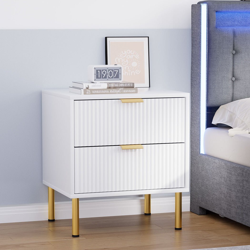 Bedside Table with 2 Drawers White Metal Legs - Rivercity House & Home Co. (ABN 18 642 972 209) - Affordable Modern Furniture Australia